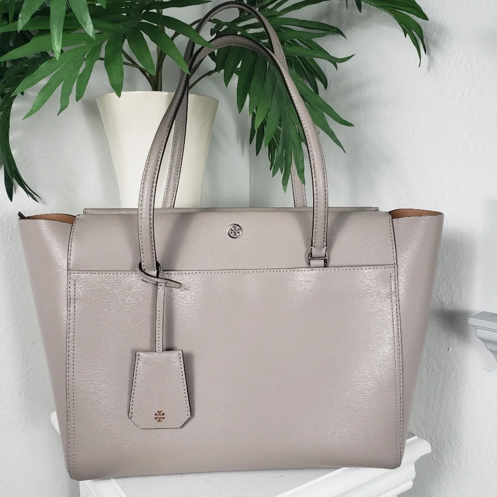 Tory Burch HUGE Gray Leather Parker Tote Satchel Classic Nuetral 18 x 10.5 x 7
